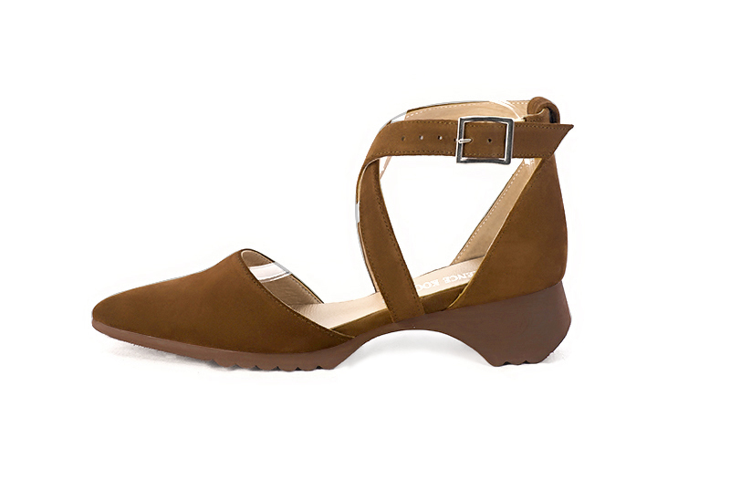 Caramel brown women's open side shoes, with crossed straps.. Profile view - Florence KOOIJMAN